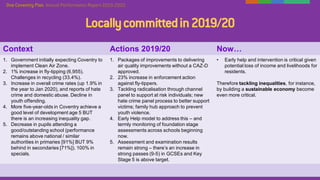 Locallycommittedin2019/20
Context Actions 2019/20 Now…
1. Government initially expecting Coventry to
implement Clean Air Zone.
2. 1% increase in fly-tipping (6,955).
Challenges in recycling (33.4%).
3. Increase in overall crime rates (up 1.9% in
the year to Jan 2020), and reports of hate
crime and domestic abuse. Decline in
youth offending.
4. More five-year-olds in Coventry achieve a
good level of development age 5 BUT
there is an increasing inequality gap.
5. Decrease in pupils attending a
good/outstanding school (performance
remains above national / similar
authorities in primaries [91%] BUT 9%
behind in secondaries [71%]). 100% in
specials.
1. Packages of improvements to delivering
air quality improvements without a CAZ-D
approved.
2. 23% increase in enforcement action
against fly-tippers.
3. Tackling radicalisation through channel
panel to support at risk individuals; new
hate crime panel process to better support
victims; family hub approach to prevent
youth violence.
4. Early Help model to address this – and
termly monitoring of foundation stage
assessments across schools beginning
now.
5. Assessment and examination results
remain strong – there’s an increase in
strong passes (9-5) in GCSEs and Key
Stage 5 is above target.
• Early help and intervention is critical given
potential loss of income and livelihoods for
residents.
Therefore tackling inequalities, for instance,
by building a sustainable economy become
even more critical.
Locallycommittedin2019/20
Context Actions 2019/20 Now…
1. Government initially expecting Coventry to
implement Clean Air Zone.
2. 1% increase in fly-tipping (6,955).
Challenges in recycling (33.4%).
3. Increase in overall crime rates (up 1.9% in
the year to Jan 2020), and reports of hate
crime and domestic abuse. Decline in
youth offending.
4. More five-year-olds in Coventry achieve a
good level of development age 5 BUT
there is an increasing inequality gap.
5. Decrease in pupils attending a
good/outstanding school (performance
remains above national / similar
authorities in primaries [91%] BUT 9%
behind in secondaries [71%]). 100% in
specials.
1. Packages of improvements to delivering
air quality improvements without a CAZ-D
approved.
2. 23% increase in enforcement action
against fly-tippers.
3. Tackling radicalisation through channel
panel to support at risk individuals; new
hate crime panel process to better support
victims; family hub approach to prevent
youth violence.
4. Early Help model to address this – and
termly monitoring of foundation stage
assessments across schools beginning
now.
5. Assessment and examination results
remain strong – there’s an increase in
strong passes (9-5) in GCSEs and Key
Stage 5 is above target.
• Early help and intervention is critical given
potential loss of income and livelihoods for
residents.
Therefore tackling inequalities, for instance,
by building a sustainable economy become
even more critical.
 