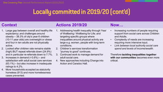 Locallycommittedin2019/20(cont’d)
Context Actions 2019/20 Now…
1. Large gap between overall and healthy life
expectancy; and challenges around
obesity – 38.3% of city's year 6 children
(10-11 year olds) are overweight or obese
and four in ten adults are not physically
active.
2. Looked after children rate remains stable
(high) BUT repeat referrals down (24.9%)
and in particular re-referrals down to 7.7%.
3. Increases in demand (+3.6%) – and
satisfaction with adult social care services
(63.1%) – but also increase in inadequate
ratings to 4.2%.
4. More households accepted as statutorily
homeless (913) and more homelessness
cases prevented.
1. Addressing health inequality through Year
of Wellbeing / Wellbeing for Life; and
targeting specific groups where
inequalities around physical activity are
large e.g. women, people with long-term
conditions.
2. Children’s services transformation
“journey to good” continues.
3. Continued work to manage demand for
adult social care.
4. New approaches including Change into
Action and Caradoc Hall.
• Increasing numbers of people requiring
support from social care across Children
and Adults.
• Complexity of needs are increasing
requiring more intensive input.
• Link between local authority social care
spend and levels of income/wealth.
Therefore tackling inequalities together
with our communities becomes even more
critical.
Performance
• 33 out of 42 (79%) of directional locally committed indicators improved or stayed the same.
Locallycommittedin2019/20(cont’d)
Context Actions 2019/20 Now…
1. Large gap between overall and healthy life
expectancy; and challenges around
obesity – 38.3% of city's year 6 children
(10-11 year olds) are overweight or obese
and four in ten adults are not physically
active.
2. Looked after children rate remains stable
(high) BUT repeat referrals down (24.9%)
and in particular re-referrals down to 7.7%.
3. Increases in demand (+3.6%) – and
satisfaction with adult social care services
(63.1%) – but also increase in inadequate
ratings to 4.2%.
4. More households accepted as statutorily
homeless (913) and more homelessness
cases prevented.
1. Addressing health inequality through Year
of Wellbeing / Wellbeing for Life; and
targeting specific groups where
inequalities around physical activity are
large e.g. women, people with long-term
conditions.
2. Children’s services transformation
“journey to good” continues.
3. Continued work to manage demand for
adult social care.
4. New approaches including Change into
Action and Caradoc Hall.
• Increasing numbers of people requiring
support from social care across Children
and Adults.
• Complexity of needs are increasing
requiring more intensive input.
• Link between local authority social care
spend and levels of income/wealth.
Therefore tackling inequalities together
with our communities becomes even more
critical.
Performance
• 33 out of 42 (79%) of directional locally committed indicators improved or stayed the same.
 