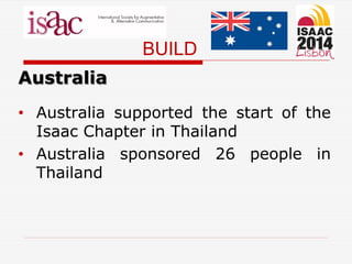 BUILD
Australia
• Australia supported the start of the
Isaac Chapter in Thailand
• Australia sponsored 26 people in
Thailand
 