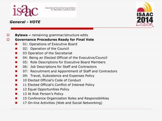 General - VOTE
 Bylaws – remaining grammar/structure edits
 Governance Procedures Ready for Final Vote
 01: Operations of Executive Board
 02: Operation of the Council
 03 Operation of the Secretariat
 04: Being an Elected Official of the Executive/Council
 05: Role Descriptions for Executive Board Members
 06: Job Descriptions for Staff and Contractors
 07: Recruitment and Appointment of Staff and Contractors
 09: Travel, Subsistence and Expenses Policy
 10 Elected Official’s Code of Conduct
 11 Elected Official’s Conflict of Interest Policy
 12 Equal Opportunities Policy
 13 At Risk Person’s Policy
 15 Conference Organization Roles and Responsibilities
 17 On-line Activities (Web and Social Networking)
 
