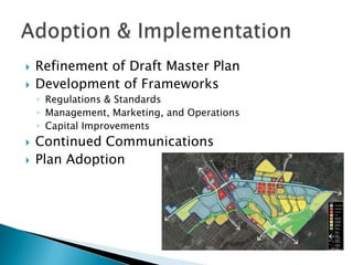    Refinement of Draft Master Plan
   Development of Frameworks
    ◦ Regulations & Standards
    ◦ Management, Marketing, and Operations
    ◦ Capital Improvements
   Continued Communications
   Plan Adoption
 