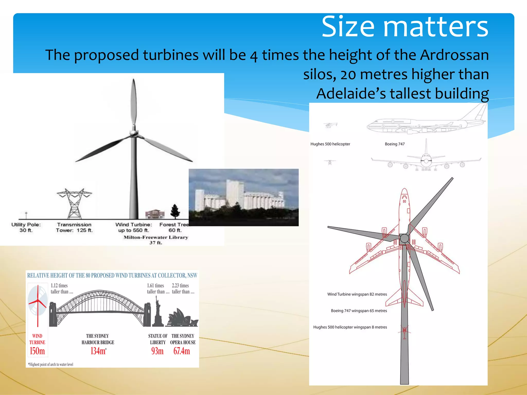 Size matters
The proposed turbines will be 4 times the height of the Ardrossan
                                      silos, 20 metres higher than
                                         Adelaide’s tallest building
 