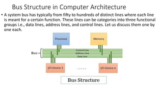 Bus Structure in Computer Architecture
• A system bus has typically from fifty to hundreds of distinct lines where each line
is meant for a certain function. These lines can be categories into three functional
groups i.e., data lines, address lines, and control lines. Let us discuss them one by
one each.
 
