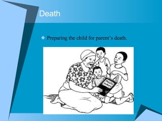 Death Preparing the child for parent’s death. 