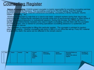 Counselling Register Nature of counseling : CHAHA project counselor is mainly responsible for providing counseling services to children and family members. The counselling could be on Pre-HIV testing, Post-HIV testing, psychological counselling, treatment adherence counselling, counseling to family members, trauma related counselling,  etc.,  However it is important to note that on a one-to-one basis  outreach workers during their day-to-day interactions with children/family members do provide some sort of psychosocial support or other forms of in-depth discussion/interaction or motivational sessions. During this process, the ORWs will have to identify those children/family members who need in-depth counselling, and link them with the counselor of CHAHA project, who is trained for providing specialized counselling sessions in a systematic and comprehensive manner.  The Counsellor is responsible for filling this particular register.  The counselor is advised to mention place of counseling – whether counseling was done in field or in an office like set-up. If any IEC material is given to the client, the same can be reflected in the remark column.  Duration of counselling Remarks/Follow-up required/ S. No in the referral register Issues discussed Nature of  Counselling Present case history   /  problem/ Issue Age Gender Name Date # 