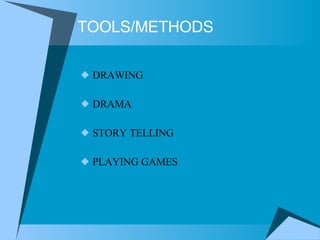 TOOLS/METHODS DRAWING DRAMA STORY TELLING PLAYING GAMES 