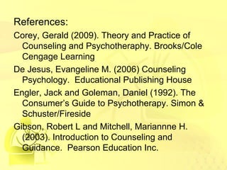 References: 
Corey, Gerald (2009). Theory and Practice of 
Counseling and Psychotheraphy. Brooks/Cole 
Cengage Learning 
De Jesus, Evangeline M. (2006) Counseling 
Psychology. Educational Publishing House 
Engler, Jack and Goleman, Daniel (1992). The 
Consumer’s Guide to Psychotherapy. Simon & 
Schuster/Fireside 
Gibson, Robert L and Mitchell, Mariannne H. 
(2003). Introduction to Counseling and 
Guidance. Pearson Education Inc. 
 