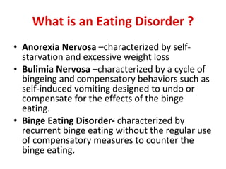 What is an Eating Disorder ? Anorexia Nervosa  –characterized by self-starvation and excessive weight loss Bulimia Nervosa  –characterized by a cycle of bingeing and compensatory behaviors such as self-induced vomiting designed to undo or compensate for the effects of the binge eating. Binge Eating Disorder-  characterized by recurrent binge eating without the regular use of compensatory measures to counter the binge eating.  