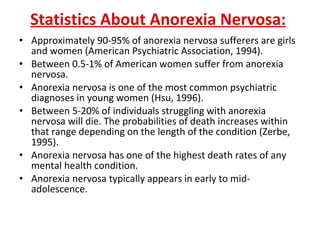 Statistics About Anorexia Nervosa:   Approximately 90-95% of anorexia nervosa sufferers are girls and women (American Psychiatric Association, 1994).  Between 0.5-1% of American women suffer from anorexia nervosa.  Anorexia nervosa is one of the most common psychiatric diagnoses in young women (Hsu, 1996).  Between 5-20% of individuals struggling with anorexia nervosa will die. The probabilities of death increases within that range depending on the length of the condition (Zerbe, 1995).  Anorexia nervosa has one of the highest death rates of any mental health condition.  Anorexia nervosa typically appears in early to mid-adolescence. 