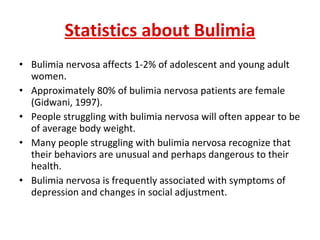 Statistics about Bulimia Bulimia nervosa affects 1-2% of adolescent and young adult women.  Approximately 80% of bulimia nervosa patients are female (Gidwani, 1997).  People struggling with bulimia nervosa will often appear to be of average body weight.  Many people struggling with bulimia nervosa recognize that their behaviors are unusual and perhaps dangerous to their health.  Bulimia nervosa is frequently associated with symptoms of depression and changes in social adjustment. 