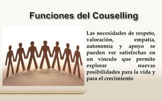 Las necesidades de respeto,
valoración, empatía,
autonomía y apoyo se
pueden ver satisfechas en
un vínculo que permite
explorar nuevas
posibilidades para la vida y
para el crecimiento
 
