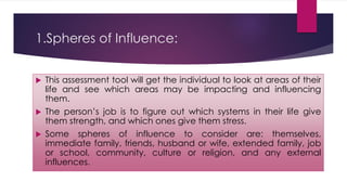 1.Spheres of Influence:
 This assessment tool will get the individual to look at areas of their
life and see which areas may be impacting and influencing
them.
 The person’s job is to figure out which systems in their life give
them strength, and which ones give them stress.
 Some spheres of influence to consider are: themselves,
immediate family, friends, husband or wife, extended family, job
or school, community, culture or religion, and any external
influences.
 