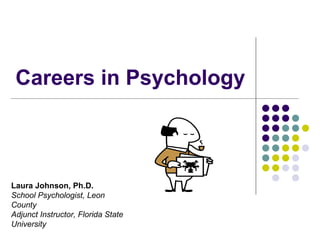 Careers in Psychology Laura Johnson, Ph.D. School Psychologist, Leon  County Adjunct Instructor, Florida State University 