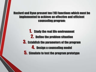 Hasford and Ryan present ten (10) functions which must be
implemented to achieve an effective and efficient
counseling program:
1. Study the real life environment
2. Define the problem situation
3. Establish the parameters of the program
4. Design a counseling model
5. Simulate to test the program prototype
 