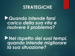 STRATEGICHE
Quando intende farsi
carico della sua vita e
risolvere il problema?
Nel rispetto dei suoi tempi,
quando intende migliorare
la sua situazione?
 