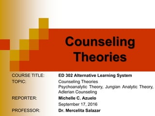 COURSE TITLE: ED 302 Alternative Learning System
TOPIC: Counseling Theories
Psychoanalytic Theory, Jungian Analytic Theory,
Adlerian Counseling
REPORTER: Michelle C. Azuelo
September 17, 2016
PROFESSOR: Dr. Mercelita Salazar
Counseling
Theories
 