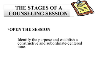 OPEN THE SESSION Identify the purpose and establish a constructive and subordinate-centered tone. THE STAGES OF A COUNSELING SESSION  