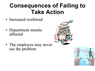 Consequences of Failing to Take Action Increased workload Department morale affected The employee may never see the problem 