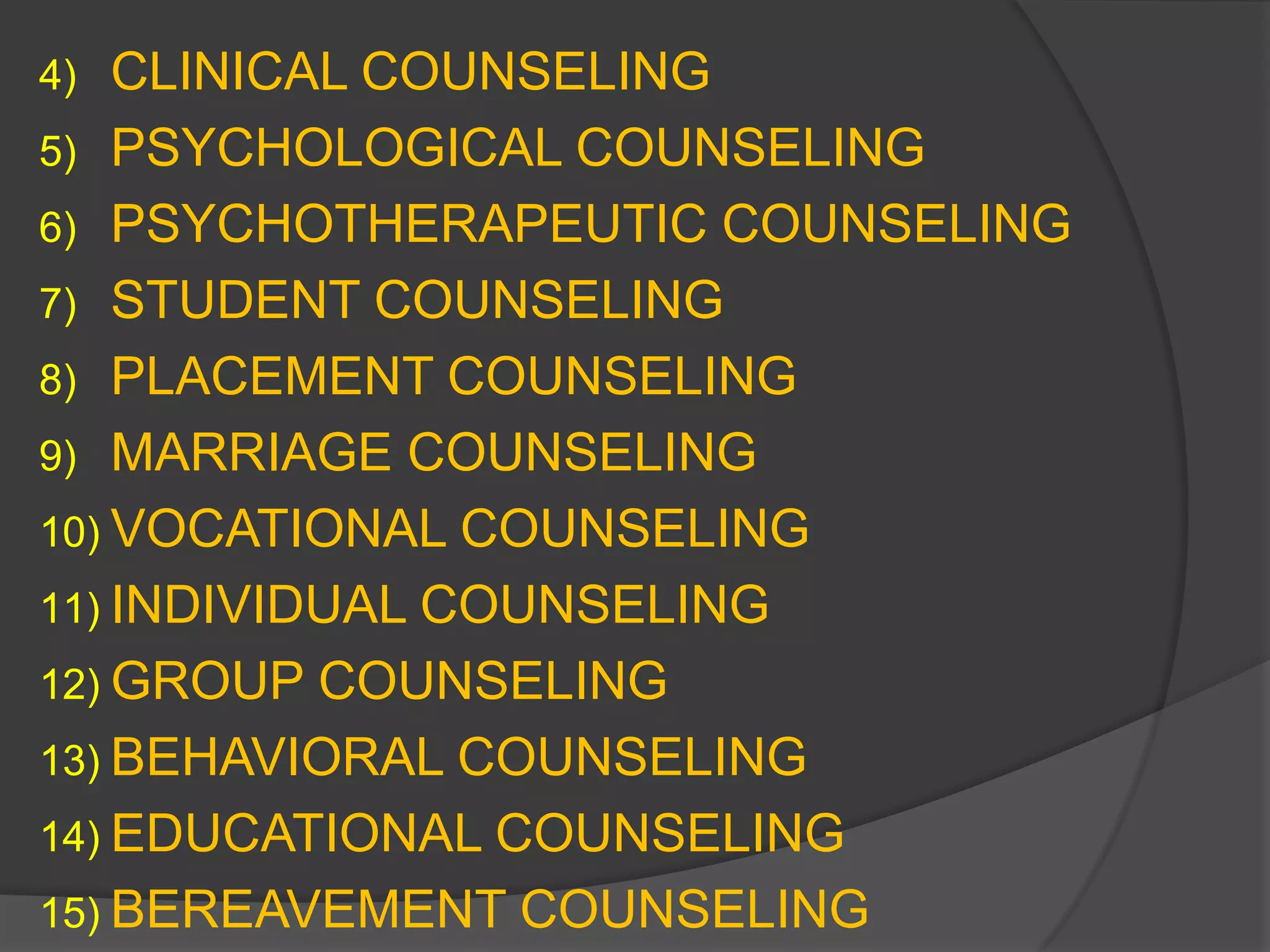 4)  CLINICAL COUNSELING
5) PSYCHOLOGICAL COUNSELING
6) PSYCHOTHERAPEUTIC COUNSELING
7) STUDENT COUNSELING
8) PLACEMENT COUNSELING
9) MARRIAGE COUNSELING
10) VOCATIONAL COUNSELING
11) INDIVIDUAL COUNSELING
12) GROUP COUNSELING
13) BEHAVIORAL COUNSELING
14) EDUCATIONAL COUNSELING
15) BEREAVEMENT COUNSELING
 