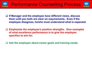Performance Counselling Process
 If Manager and the employee have different views, discuss
them until you both are clear on requirements. Even if the
employee disagrees, he/she must understand what is expected.
 Emphasize the employee’s positive strengths. Give examples
of what excellence performance is to give the employee
specifics to aim for.
 Ask the employee about career goals and training needs.
 