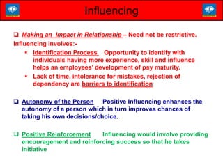 Influencing
 Making an Impact in Relationship – Need not be restrictive.
Influencing involves:-
 Identification Process Opportunity to identify with
individuals having more experience, skill and influence
helps an employees’ development of psy maturity.
 Lack of time, intolerance for mistakes, rejection of
dependency are barriers to identification
 Autonomy of the Person Positive Influencing enhances the
autonomy of a person which in turn improves chances of
taking his own decisions/choice.
 Positive Reinforcement Influencing would involve providing
encouragement and reinforcing success so that he takes
initiative
 