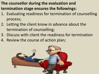 The counsellor during the evaluation and
termination stage ensures the followings:
1. Evaluating readiness for termination of counselling
process;
2. Letting the client know in advance about the
termination of counselling;
3. Discuss with client the readiness for termination
4. Review the course of action plan;
 