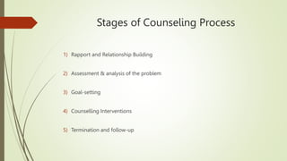 Stages of Counseling Process
1) Rapport and Relationship Building
2) Assessment & analysis of the problem
3) Goal-setting
4) Counselling Interventions
5) Termination and follow-up
 