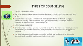 TYPES OF COUNSELING
I. INDIVIDUAL COUNSELING:
 Personal opportunity to receive support and experience growth during challenging times
in life.
 Individual counseling can help deal with many personal topics in life such as anger,
depression, anxiety, substance abuse, marriage and relationship challenges, parenting
problems, school difficulties, career changes etc.
II. COUPLES COUNSELING:
 Every couple experiences ups and downs in their levels of closeness and harmony over time
which can range from basic concerns of stagnation to serious expressions of aggressive
behavior.
 Marriage/couples counseling can help resolve conflicts and heal wounds by decreasing
animosity and reestablish realistic expectations and goals.
 
