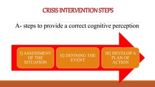 CRISISINTERVENTIONSTEPS
I] ASSESSMENT
OF THE
SITUATION
II] DEFINING THE
EVENT
III] DEVELOP A
PLAN OF
ACTION
A- steps to provide a correct cognitive perception
 