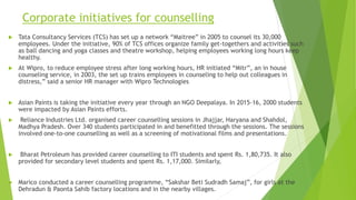 Corporate initiatives for counselling
 Tata Consultancy Services (TCS) has set up a network “Maitree” in 2005 to counsel ...