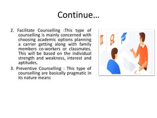 Continue…
2. Facilitate Counselling :This type of
counselling is mainly concerned with
choosing academic options planning
a carrier getting along with family
members co-workers or classmates.
This will be based on the individual
strength and weakness, interest and
aptitudes.
3. Preventive Counselling : This type of
counselling are basically pragmatic in
its nature means
 
