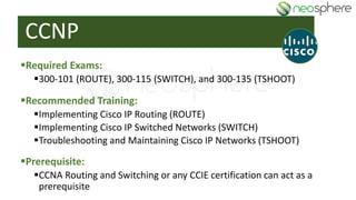CCNP
▪Required Exams:
▪300-101 (ROUTE), 300-115 (SWITCH), and 300-135 (TSHOOT)
▪Recommended Training:
▪Implementing Cisco IP Routing (ROUTE)
▪Implementing Cisco IP Switched Networks (SWITCH)
▪Troubleshooting and Maintaining Cisco IP Networks (TSHOOT)
▪Prerequisite:
▪CCNA Routing and Switching or any CCIE certification can act as a
prerequisite
 
