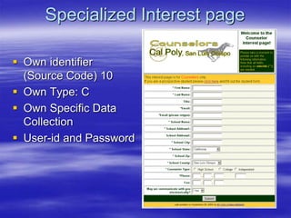 Specialized Interest page
 Own identifier
(Source Code) 10
 Own Type: C
 Own Specific Data
Collection
 User-id and Password
 