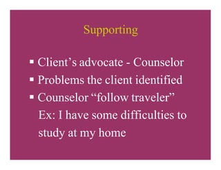 Supporting
§ Client’s advocate - Counselor
§ Problems the client identified
§ Counselor “follow traveler”
Ex: I have some difficulties to
study at my home
 