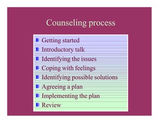 Counseling process
Getting started
Introductory talk
Identifying the issues
Coping with feelings
Identifying possible solutions
Agreeing a plan
Implementing the plan
Review
 