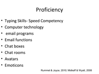 Proficiency
• Typing Skills- Speed Competency
• Computer technology
• email programs
• Email functions
• Chat boxes
• Chat rooms
• Avatars
• Emoticons
Rummel & Joyce, 2010; Midkaff & Wyatt, 2008
 