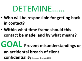 • Who will be responsible for getting back
in contact?
• Within what time frame should this
contact be made, and by what means?
GOAL Prevent misunderstandings or
an accidental breach of client
confidentiality Rummel & Joyce, 2010
DETEMINE……
 
