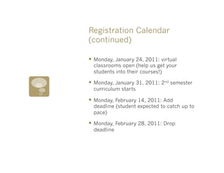 Registration Calendar
(continued)

§  Monday, January 24, 2011: virtual
  classrooms open (help us get your
  students into their courses!)

§  Monday, January 31, 2011: 2nd semester
  curriculum starts

§  Monday, February 14, 2011: Add
  deadline (student expected to catch up to
  pace)

§  Monday, February 28, 2011: Drop
  deadline
 
