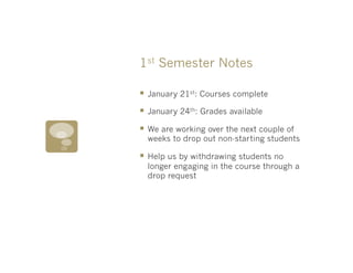 1st Semester Notes

§  January 21st: Courses complete
§  January 24th: Grades available
§  We are working over the next couple of
  weeks to drop out non-starting students

§  Help us by withdrawing students no
  longer engaging in the course through a
  drop request
 