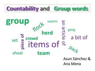 Countability and Group wordsCountability and Group words
Asun Sánchez &
Ana Mena
pieceof
a bit of
items of
anarticleof
group
crowd
Unit 5 - C1
flock
gang
herd
pack
set
shoal
swarm
team
 