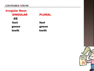 Irregular Noun
SINGULAR PLURAL
-EE
foot feet
goose geese
tooth teeth
 