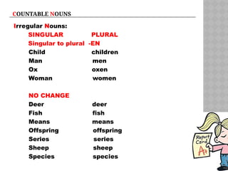 COUNTABLE NOUNS
Irregular Nouns:
SINGULAR PLURAL
Singular to plural -EN
Child children
Man men
Ox oxen
Woman women
NO CHANGE
Deer deer
Fish fish
Means means
Offspring offspring
Series series
Sheep sheep
Species species
 