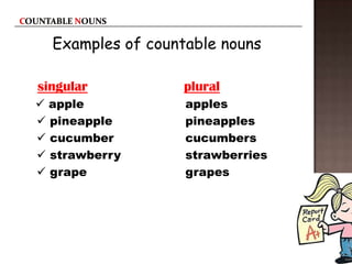 Examples of countable nouns

singular           plural
 apple            apples
 pineapple        pineapples
 cucumber         cucumbers
 strawberry       strawberries
 grape            grapes
 