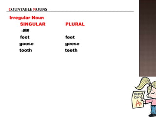 Irregular Noun
     SINGULAR    PLURAL
      -EE
     foot        feet
    goose        geese
    tooth        teeth
 