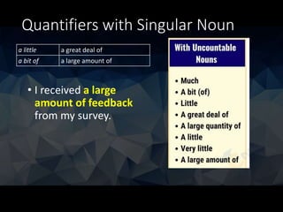 Quantifiers with Singular Noun
• I received a large
amount of feedback
from my survey.
a little a great deal of
a bit of a large amount of
 