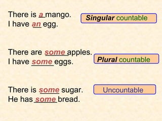 Singular countable
Uncountable
There is a mango.
I have an egg.
There are some apples.
I have some eggs.
There is some sugar.
He has some bread.
Plural countable
 