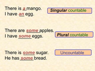 Singular countable
Uncountable
There is a mango.
I have an egg.
There are some apples.
I have some eggs.
There is some sugar.
He has some bread.
Plural countable
 