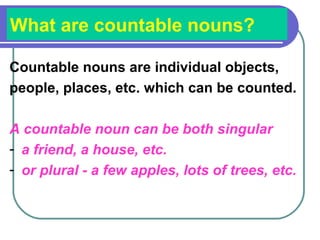 What are countable nouns?
Countable nouns are individual objects,
people, places, etc. which can be counted.
A countable noun can be both singular
- a friend, a house, etc.
- or plural - a few apples, lots of trees, etc.
 