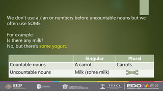 We don’t use a / an or numbers before uncountable nouns but we
often use SOME.
For example:
Is there any milk?
No, but there’s some yogurt.
Singular Plural
Countable nouns A carrot Carrots
Uncountable nouns Milk (some milk)