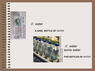  water
A (ONE) BOTTLE OF WATER
 water
some water
FIVE BOTTLES OF WATER
Imagem:
BrokenSphere
/
GNU
Free
Documentation
License.
Imagem:
Verne
Equinox
/
Creative
Commons
Attribution
3.0
Unported.
 